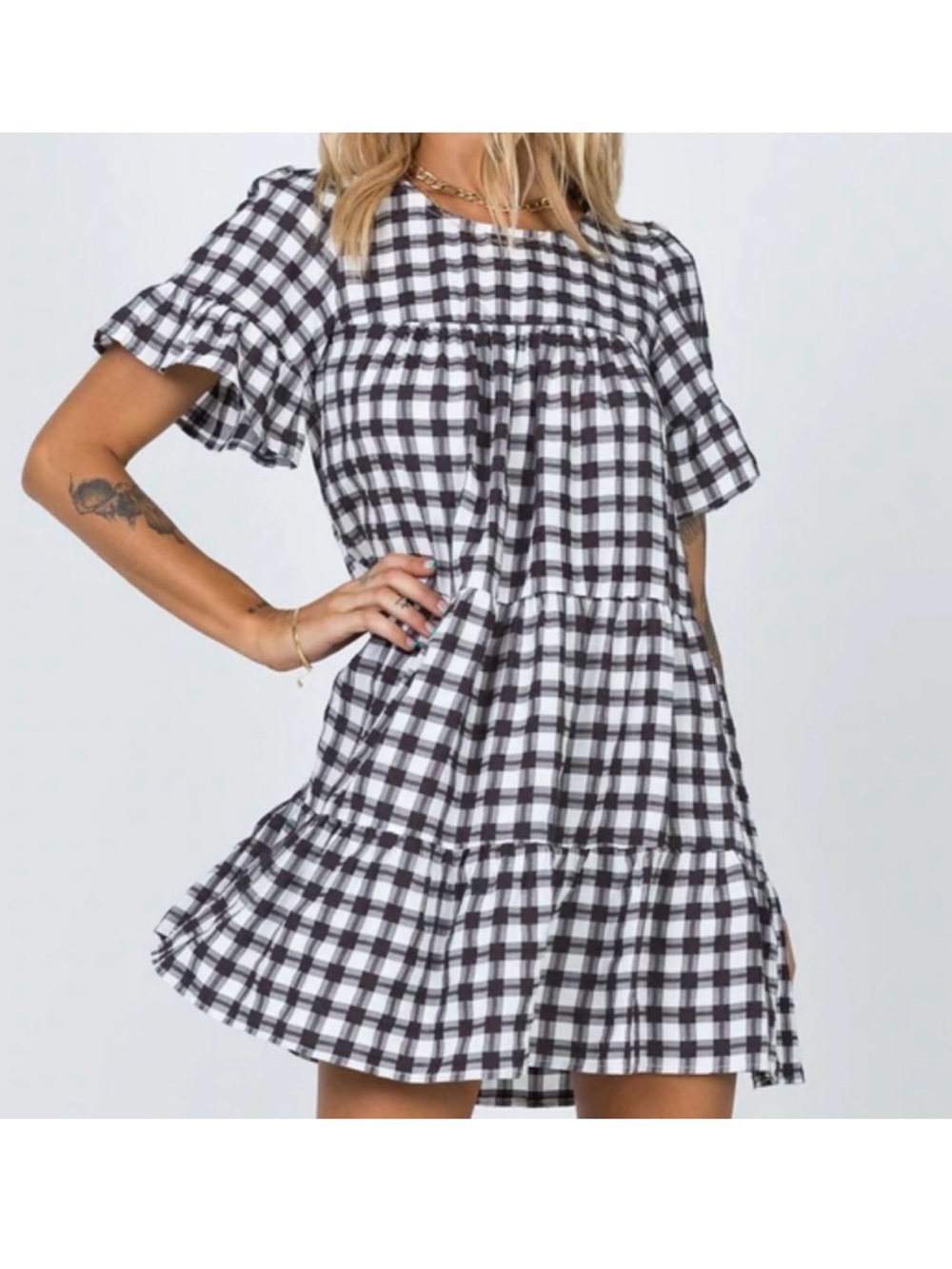 Princess Polly Black & White Gingham Mini Tiered Dress - Size 2